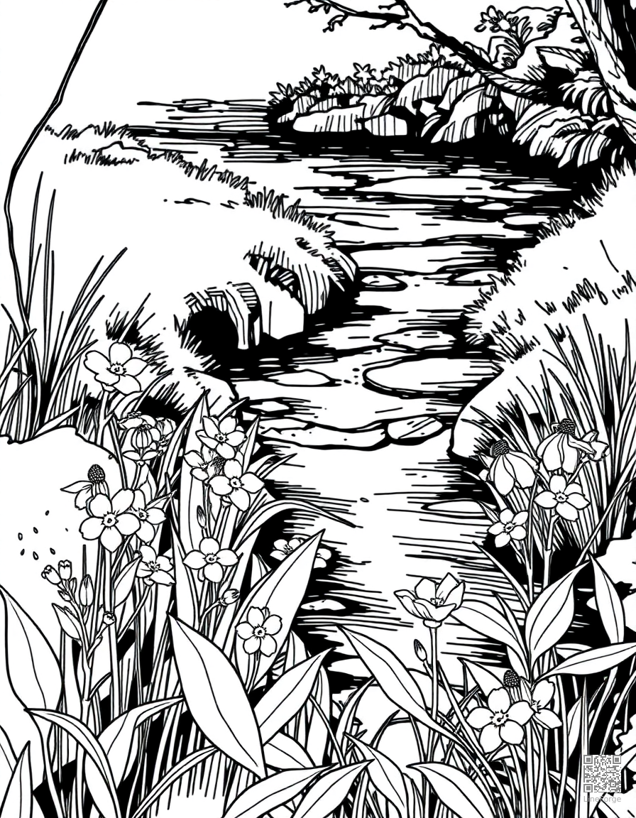 forget-me-not flowers along a stream coloring page Crosshatch style free printable