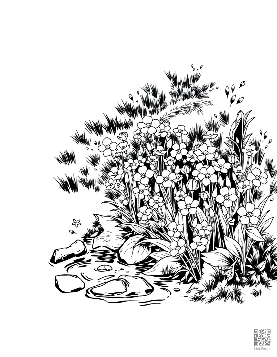 forget-me-not flowers along a stream coloring page Manga style free printable