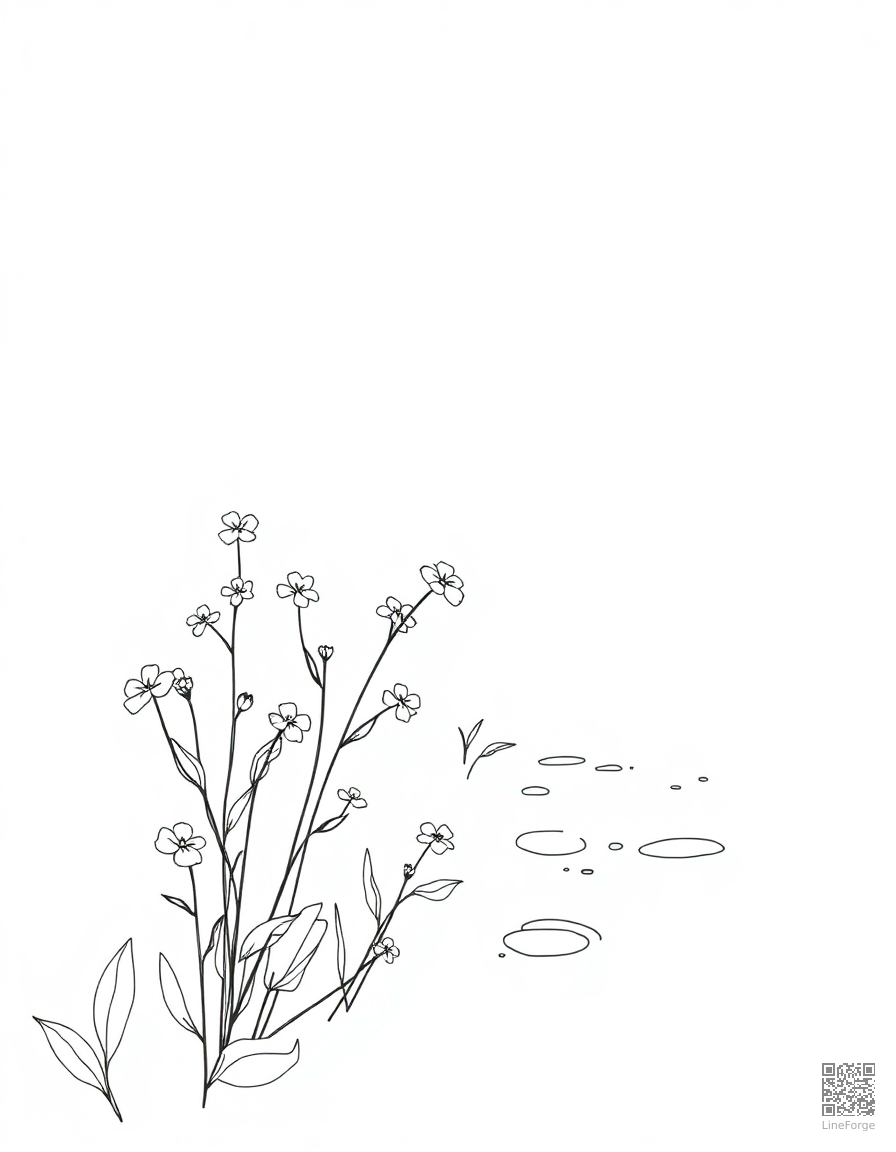 forget-me-not flowers along a stream coloring page Minimal style free printable
