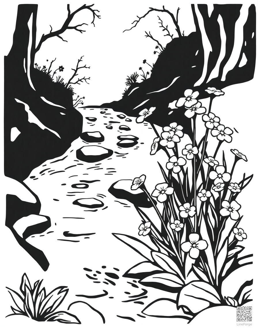forget-me-not flowers along a stream coloring page Woodcut style free printable