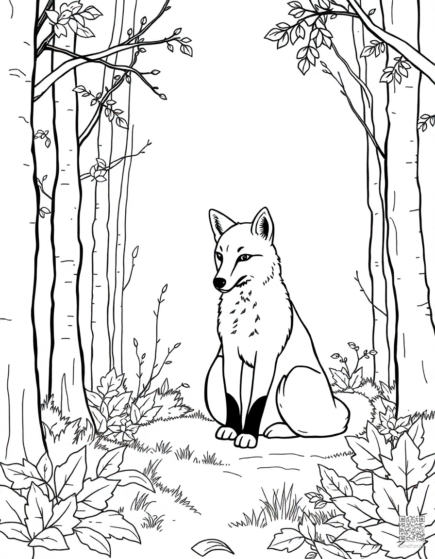 Fox in an autumn forest coloring page Contour style - free printable