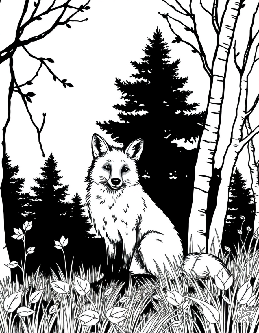 Fox in an autumn forest coloring page Crosshatch style - free printable