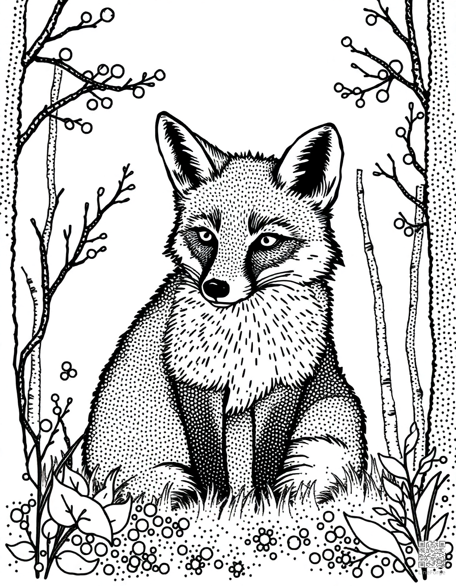 Fox in an autumn forest coloring page Stipple style - free printable