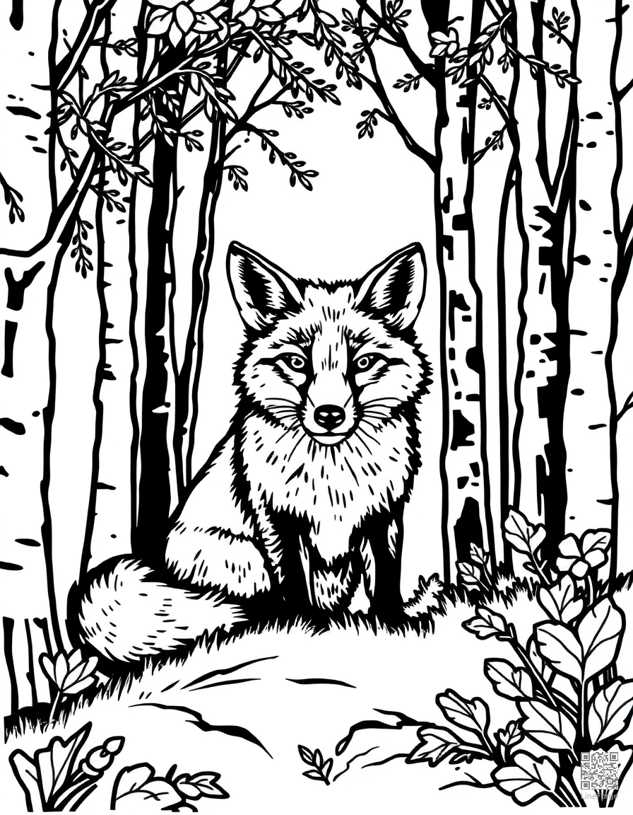 Fox in an autumn forest coloring page Woodcut style - free printable