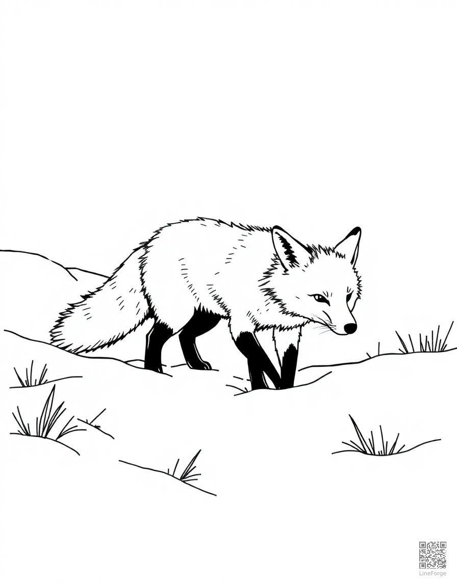 fox walking through deep snow coloring page Manga style - free printable