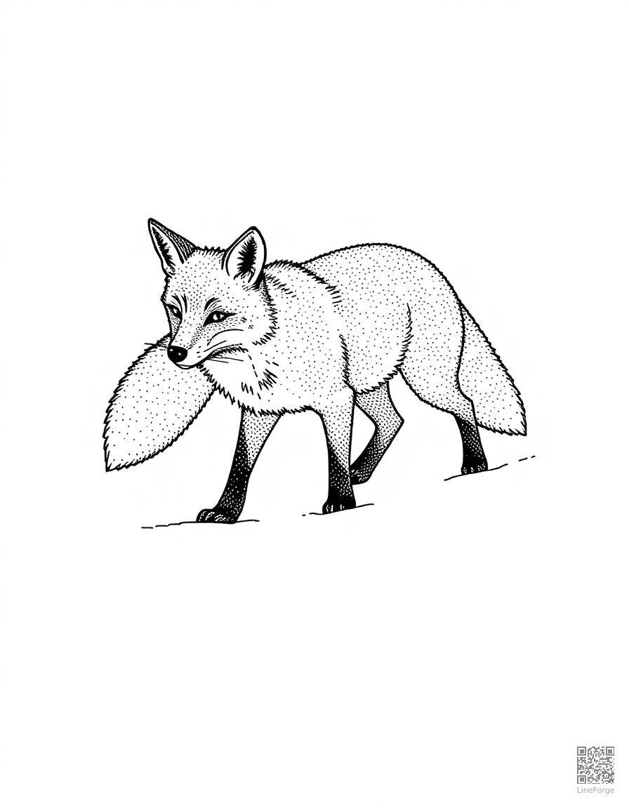 fox walking through deep snow coloring page Stipple style - free printable