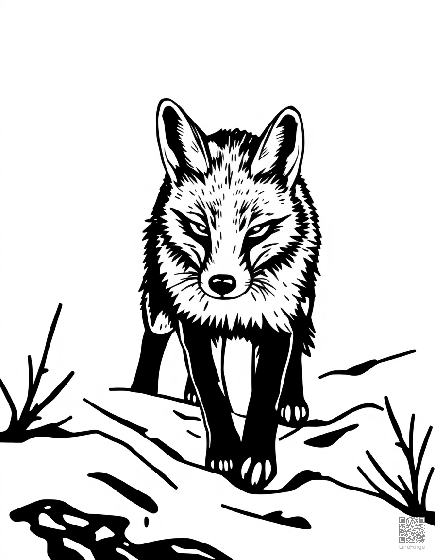 fox walking through deep snow coloring page Woodcut style - free printable