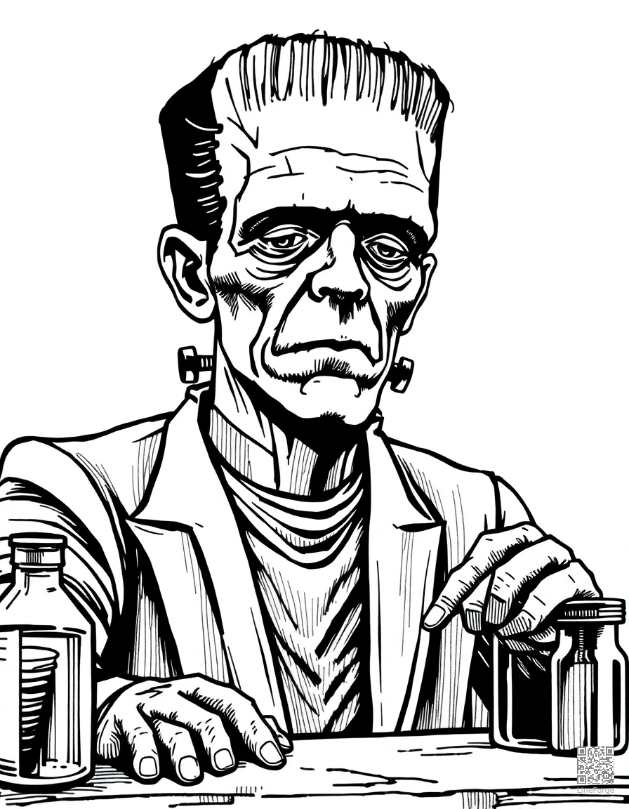frankenstein monster in a laboratory coloring page Crosshatch style - free printable