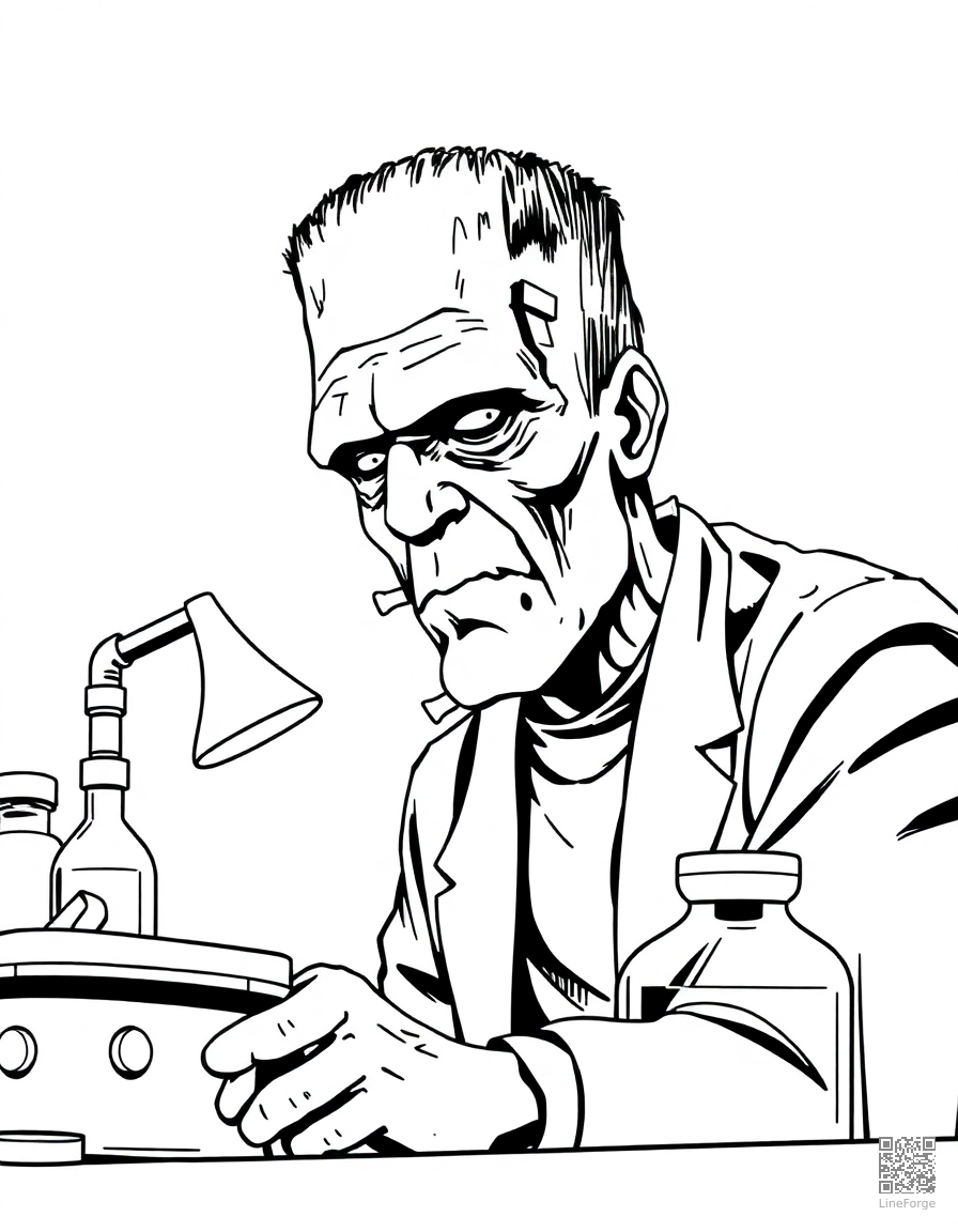 frankenstein monster in a laboratory coloring page Manga style - free printable