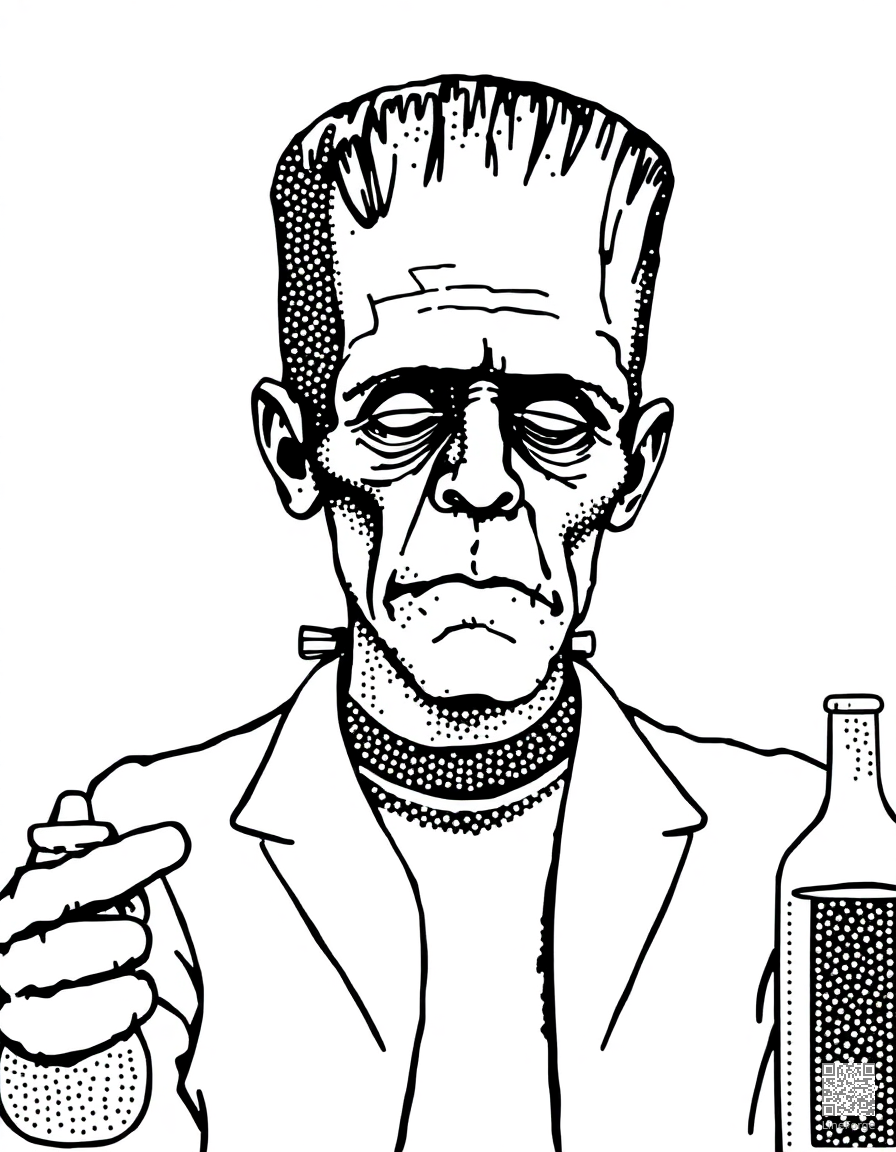 frankenstein monster in a laboratory coloring page Stipple style - free printable