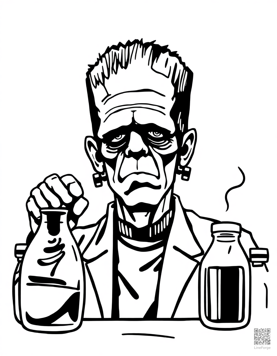 frankenstein monster in a laboratory coloring page Woodcut style - free printable