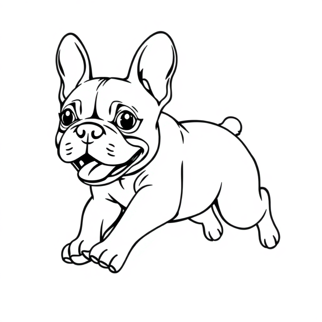 French Bulldog dog — playing and running, energetic and joyful coloring page Contour style - free printable