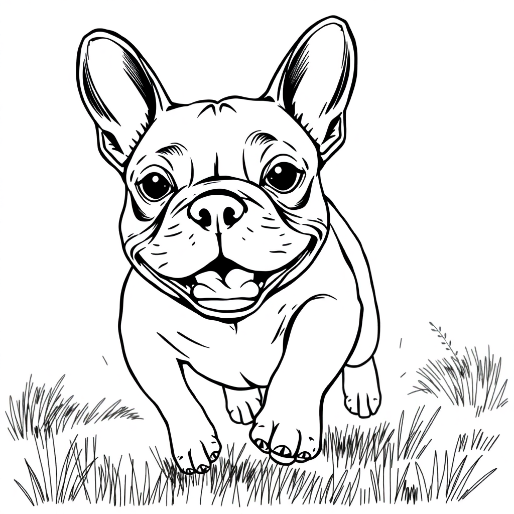 French Bulldog dog — playing and running, energetic and joyful coloring page Rockwell style - free printable