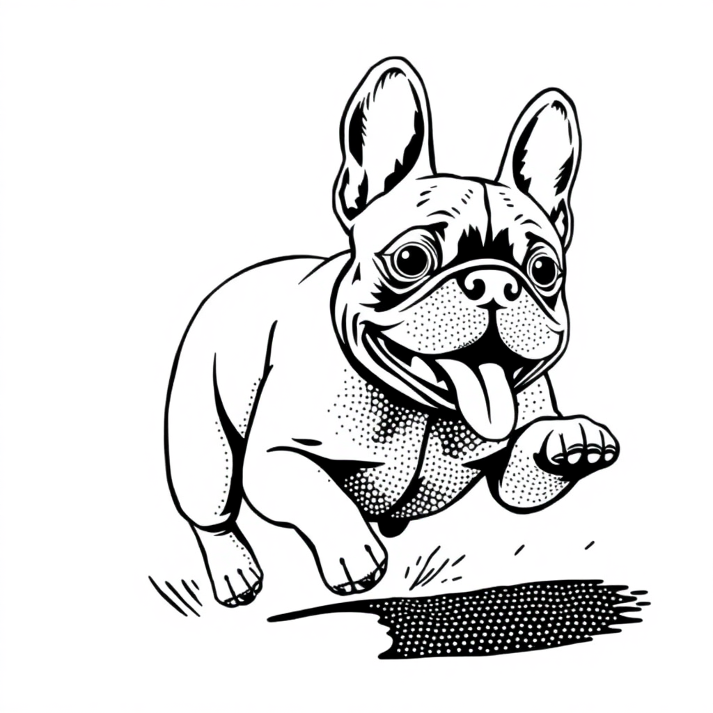 French Bulldog dog — playing and running, energetic and joyful coloring page Stipple style - free printable