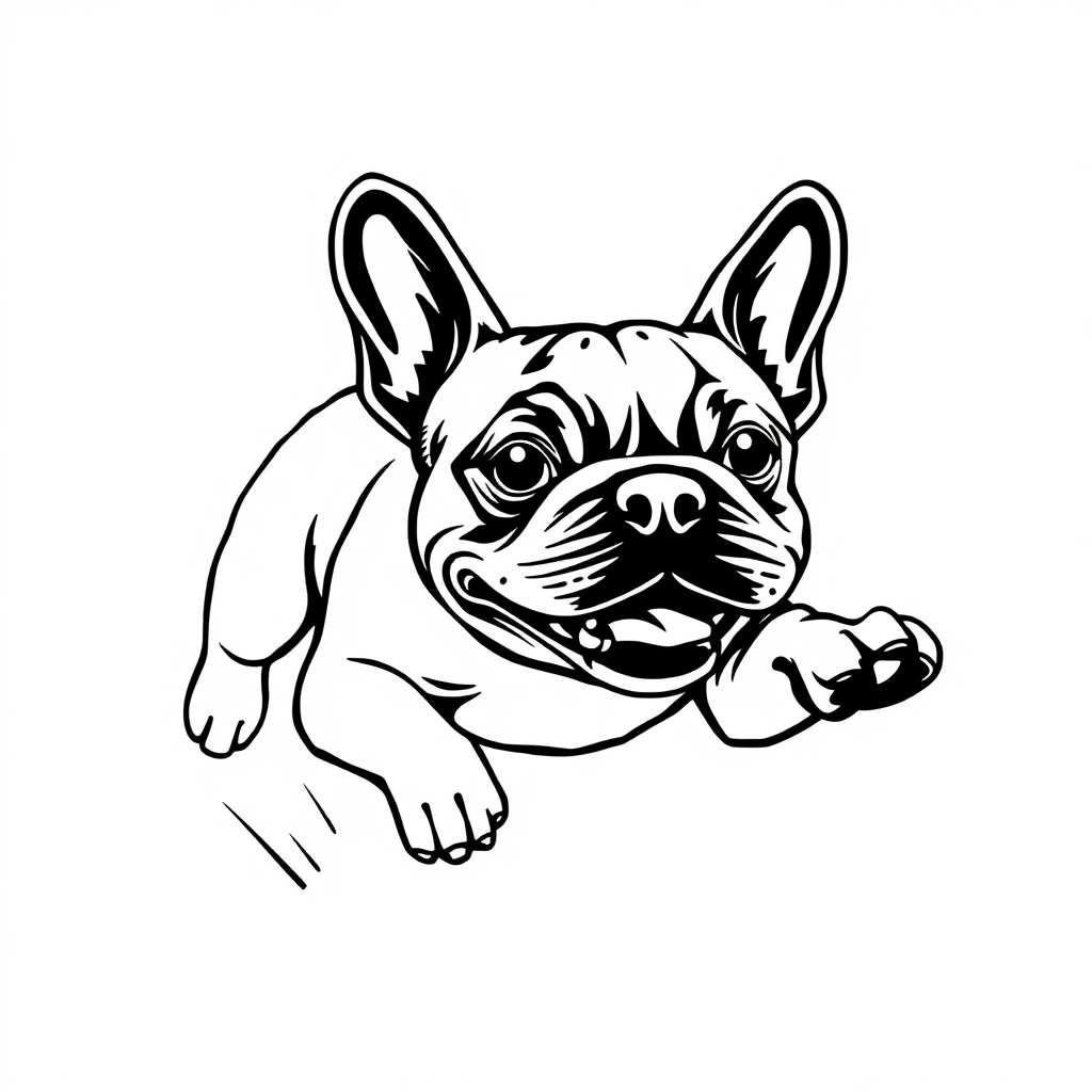 French Bulldog dog — playing and running, energetic and joyful coloring page Woodcut style - free printable