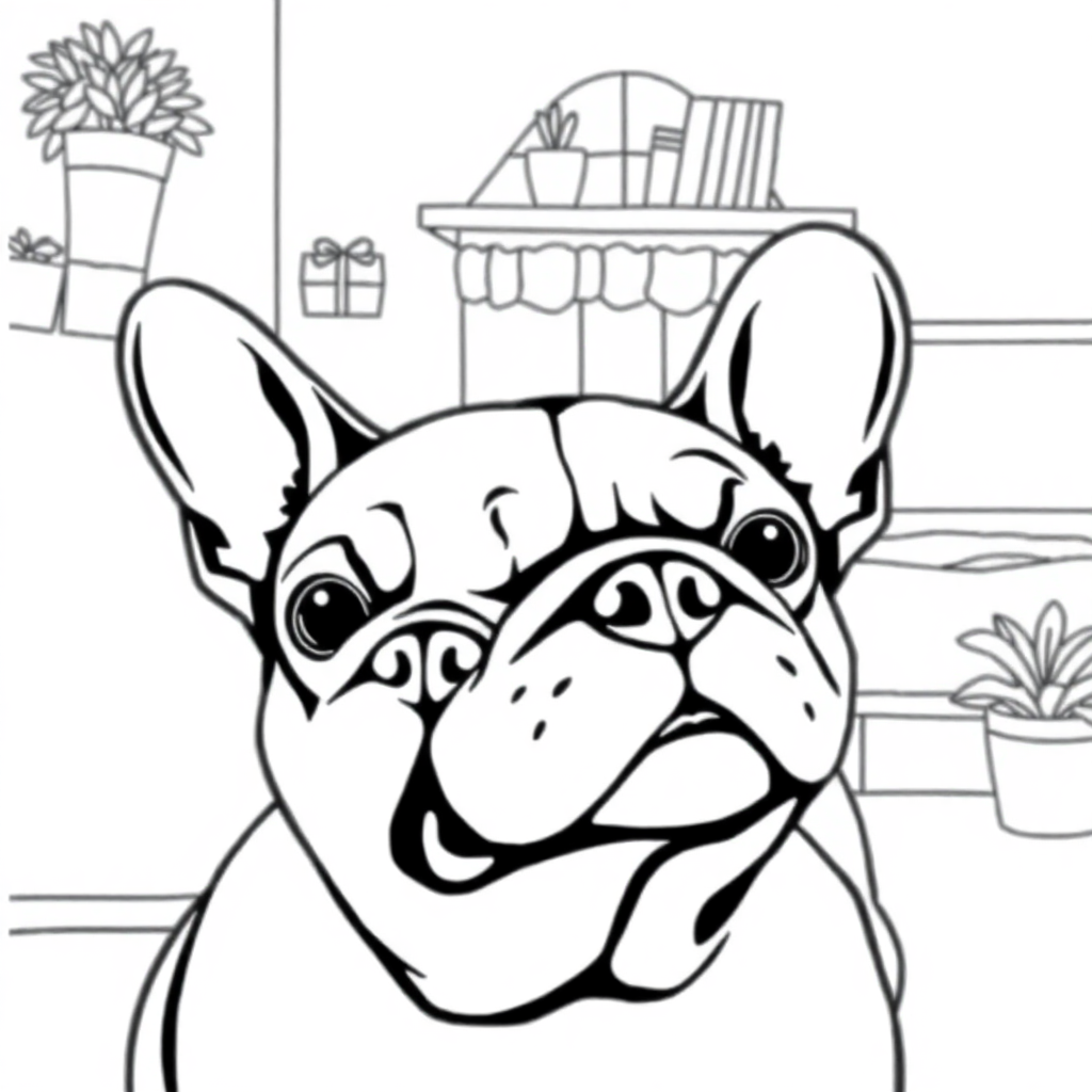 French Bulldog dog — with a young child in a cozy home setting coloring page Contour style - free printable