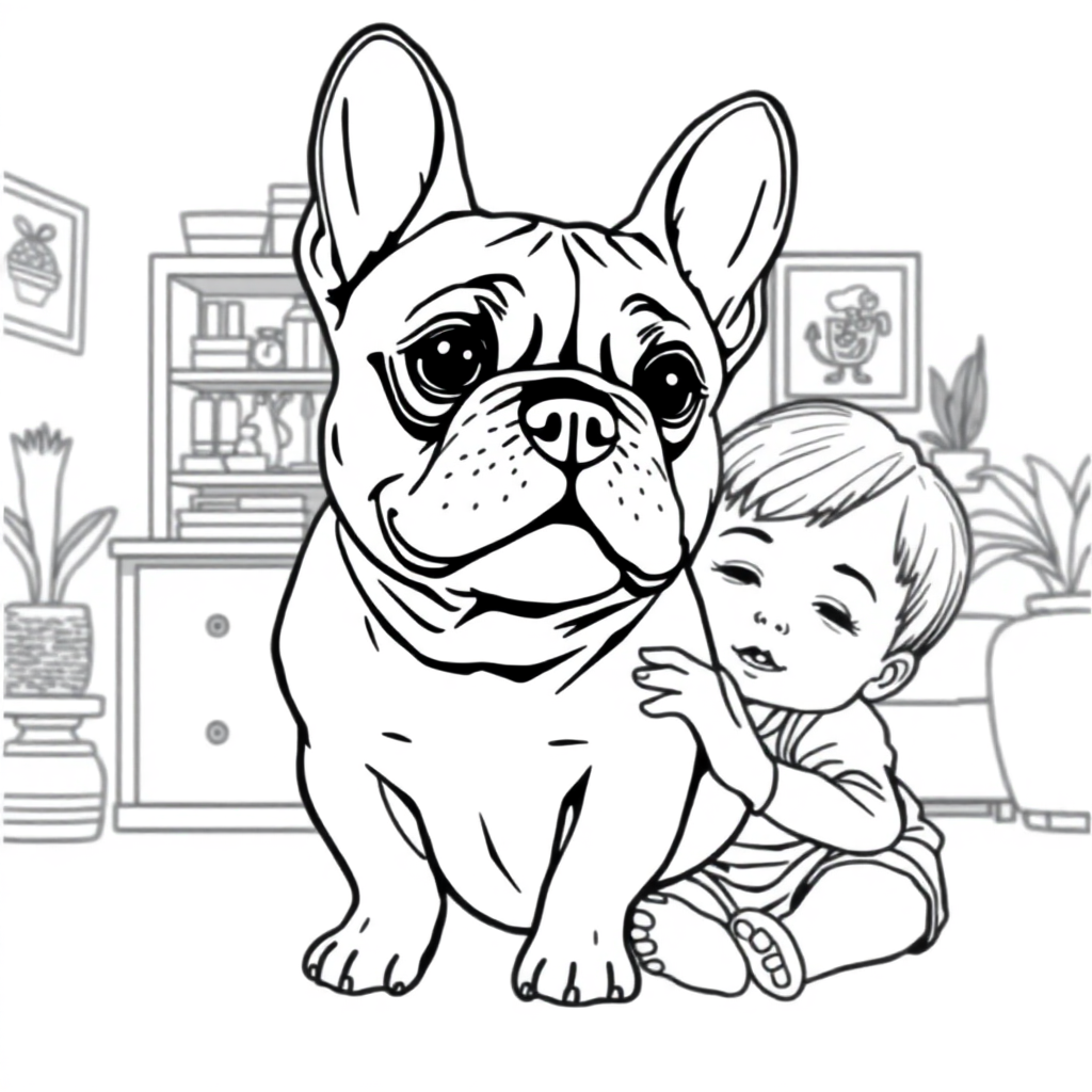 French Bulldog dog — with a young child in a cozy home setting coloring page Manga style - free printable