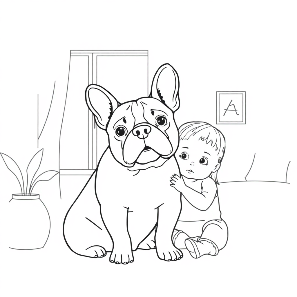 French Bulldog dog — with a young child in a cozy home setting coloring page Minimal style - free printable