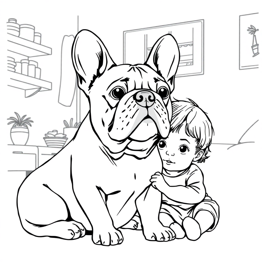 French Bulldog dog — with a young child in a cozy home setting coloring page Rockwell style - free printable