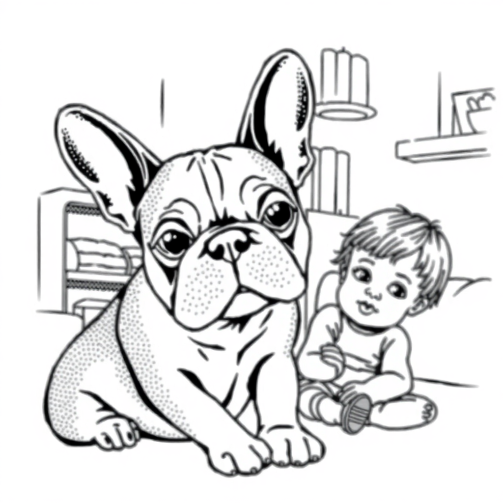 French Bulldog dog — with a young child in a cozy home setting coloring page Stipple style - free printable