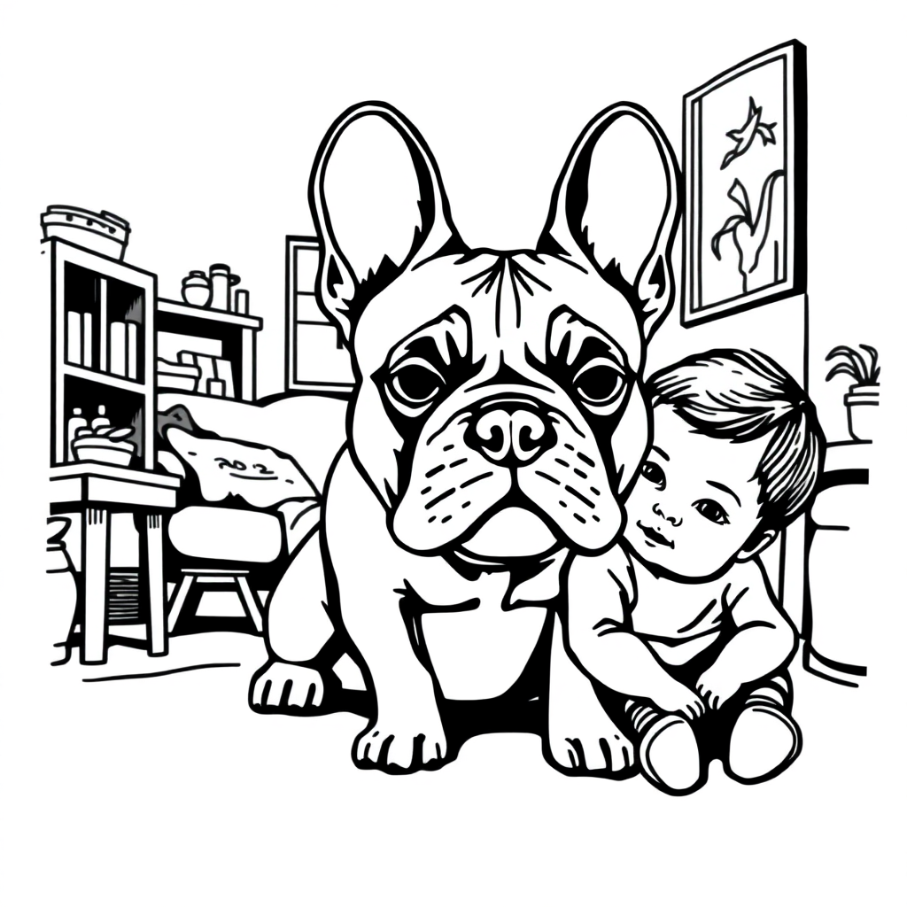 French Bulldog dog — with a young child in a cozy home setting coloring page Woodcut style - free printable