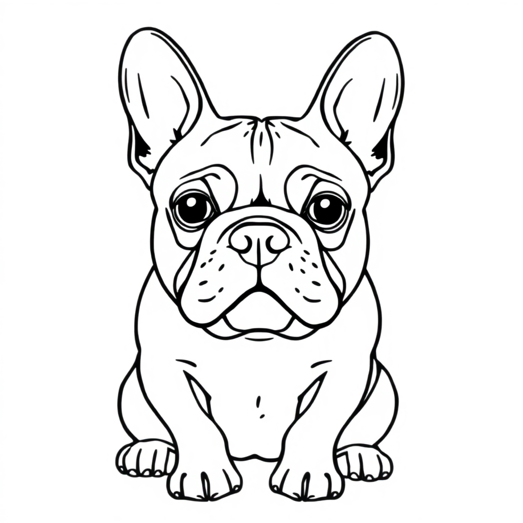 French Bulldog dog — sitting portrait, looking at viewer, friendly expression coloring page Contour style - free printable