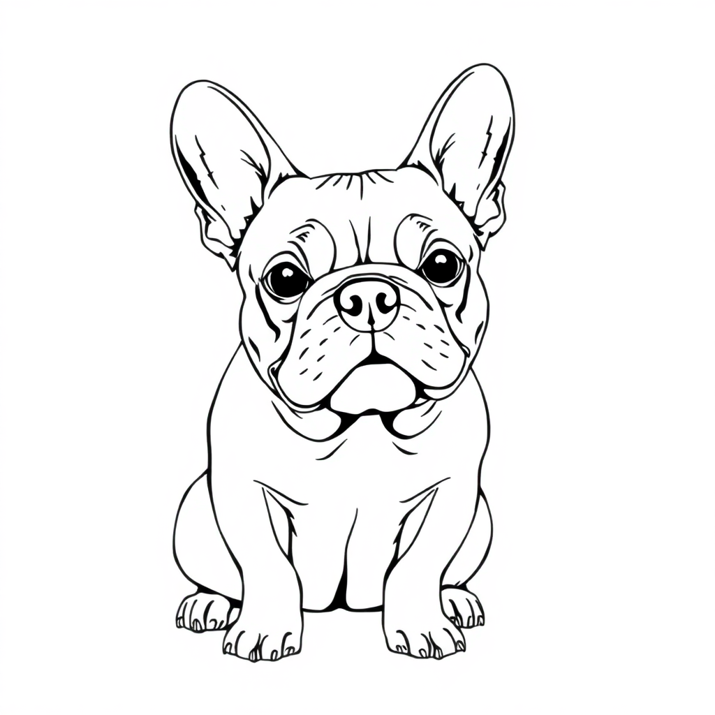 French Bulldog dog — sitting portrait, looking at viewer, friendly expression coloring page Rockwell style - free printable