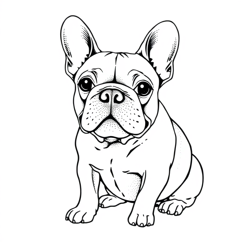 French Bulldog dog — sitting portrait, looking at viewer, friendly expression coloring page Stipple style - free printable