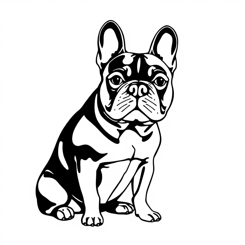 French Bulldog dog — sitting portrait, looking at viewer, friendly expression coloring page Woodcut style - free printable