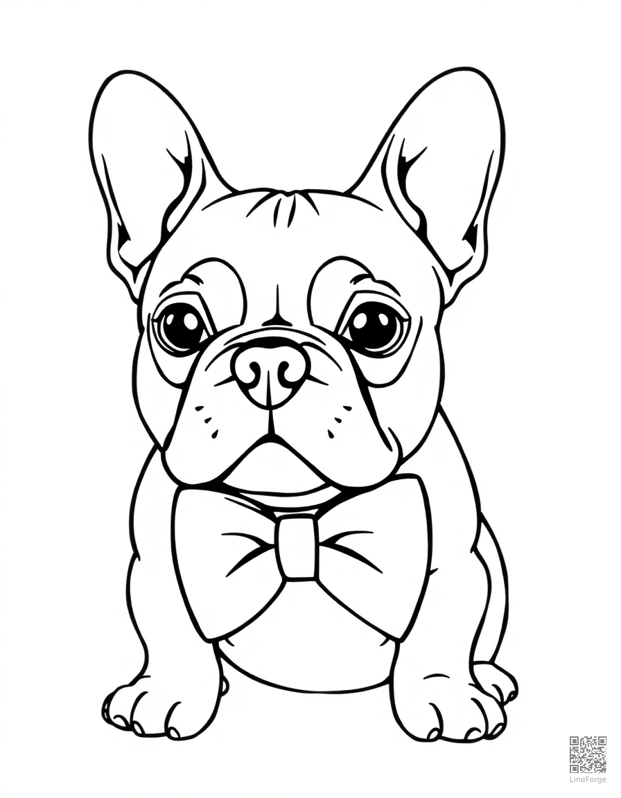 Free french bulldog wearing a bow tie coloring page in contour style — printable line art