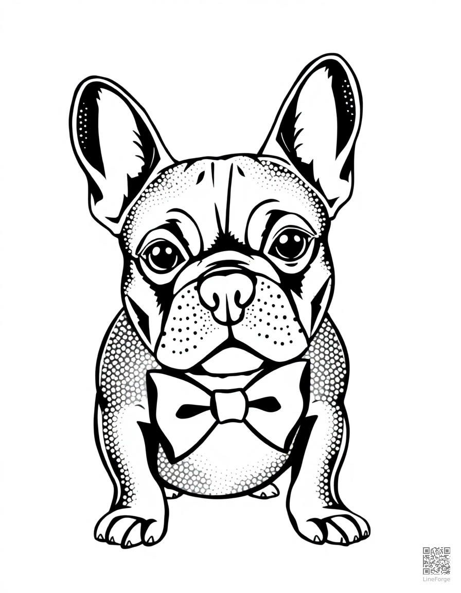 Free french bulldog wearing a bow tie coloring page in stipple style — printable line art