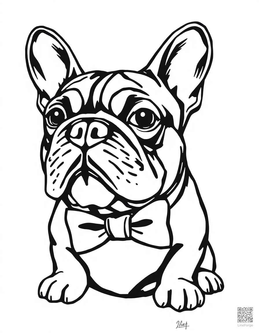 french bulldog wearing a bow tie coloring page Woodcut style - free printable