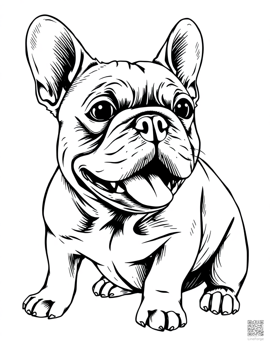 French Bulldog with a happy expression coloring page Crosshatch style - free printable