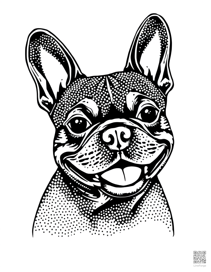 French Bulldog with a happy expression coloring page Stipple style - free printable
