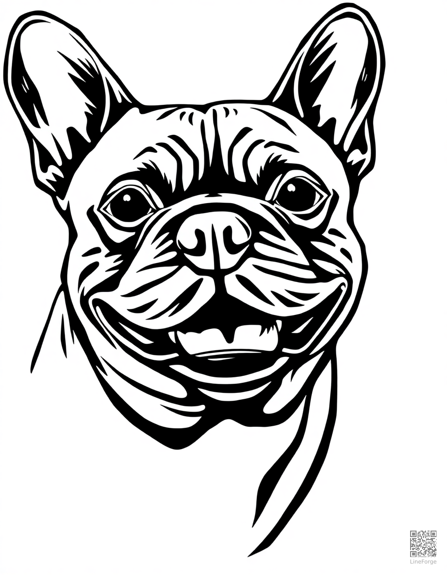 French Bulldog with a happy expression coloring page Woodcut style - free printable