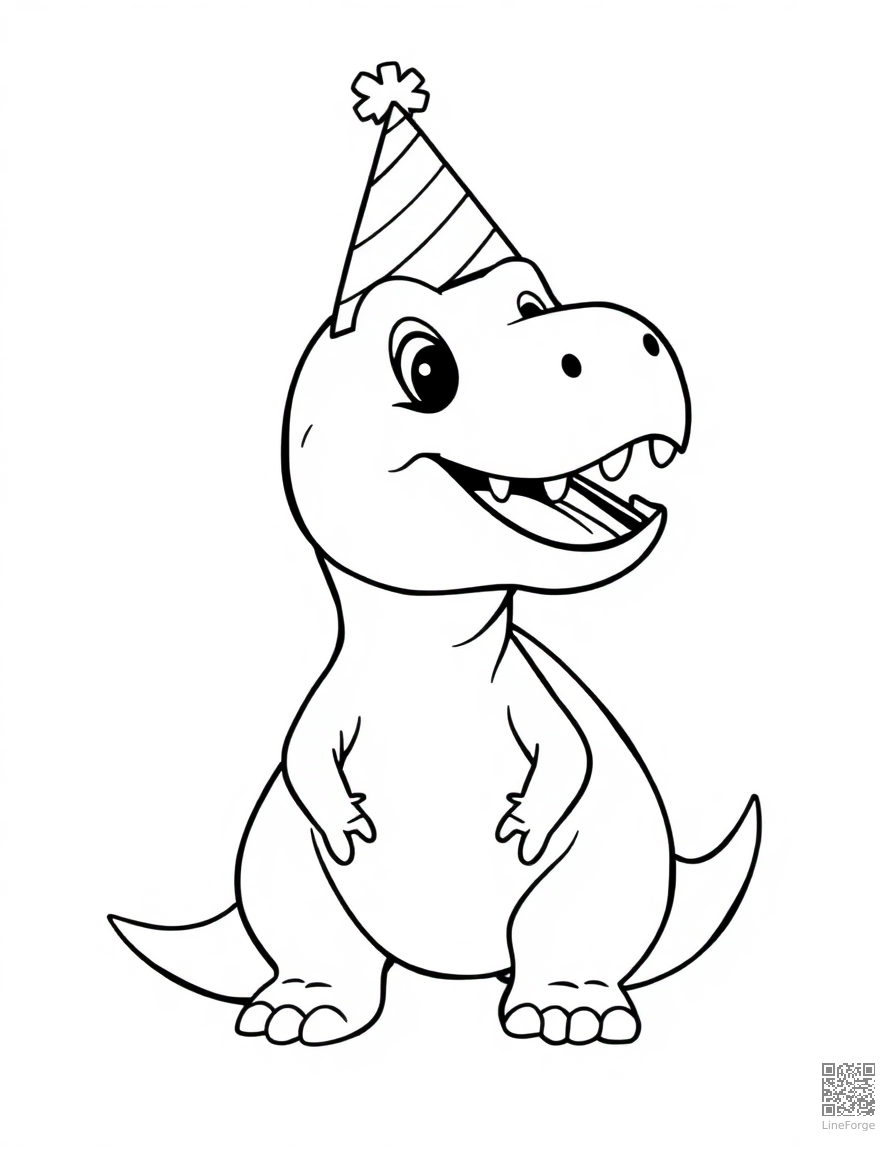 friendly cartoon t-rex wearing a party hat coloring page Contour style - free printable