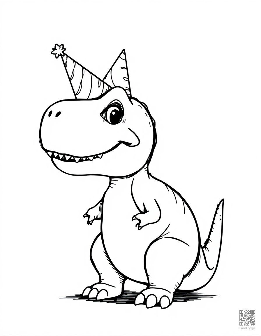 friendly cartoon t-rex wearing a party hat coloring page Crosshatch style - free printable