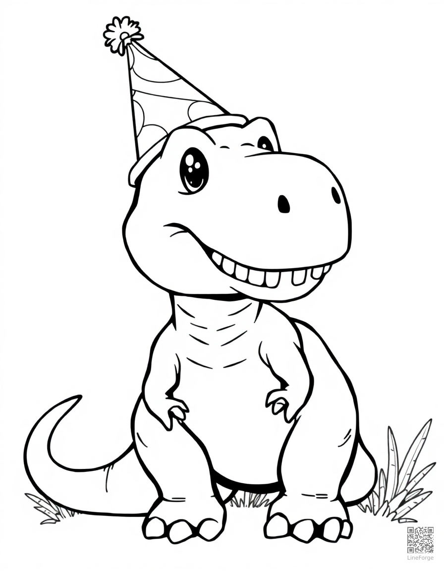 friendly cartoon t-rex wearing a party hat coloring page Manga style - free printable