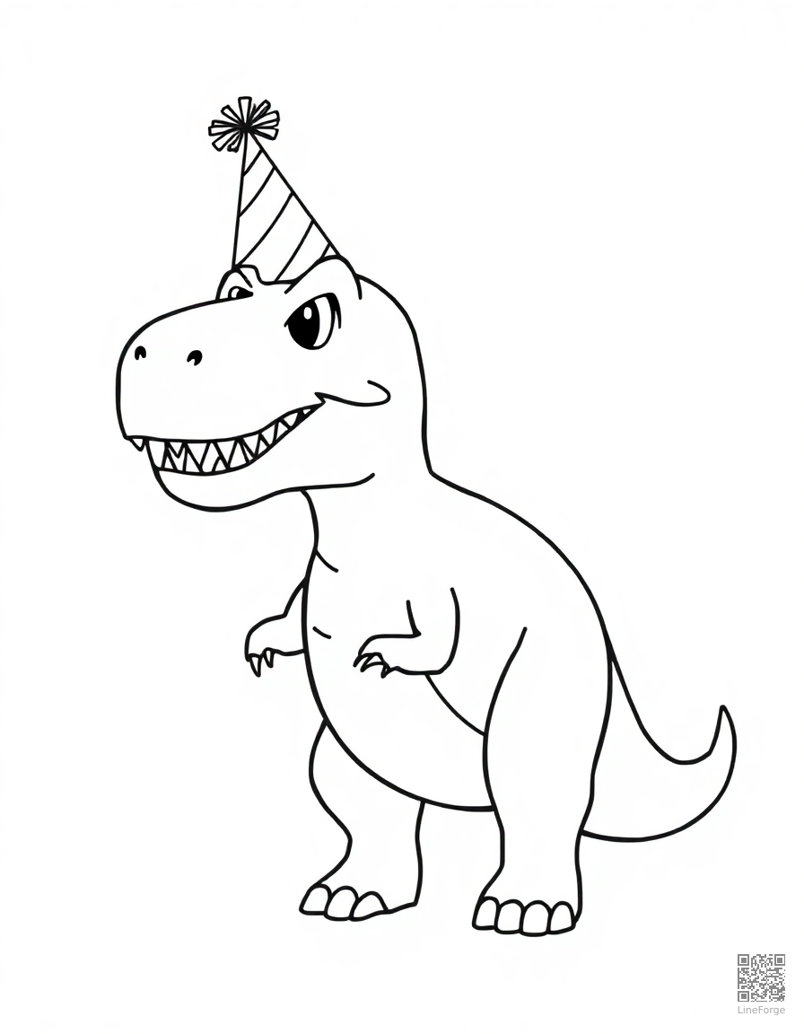 friendly cartoon t-rex wearing a party hat coloring page Minimal style - free printable