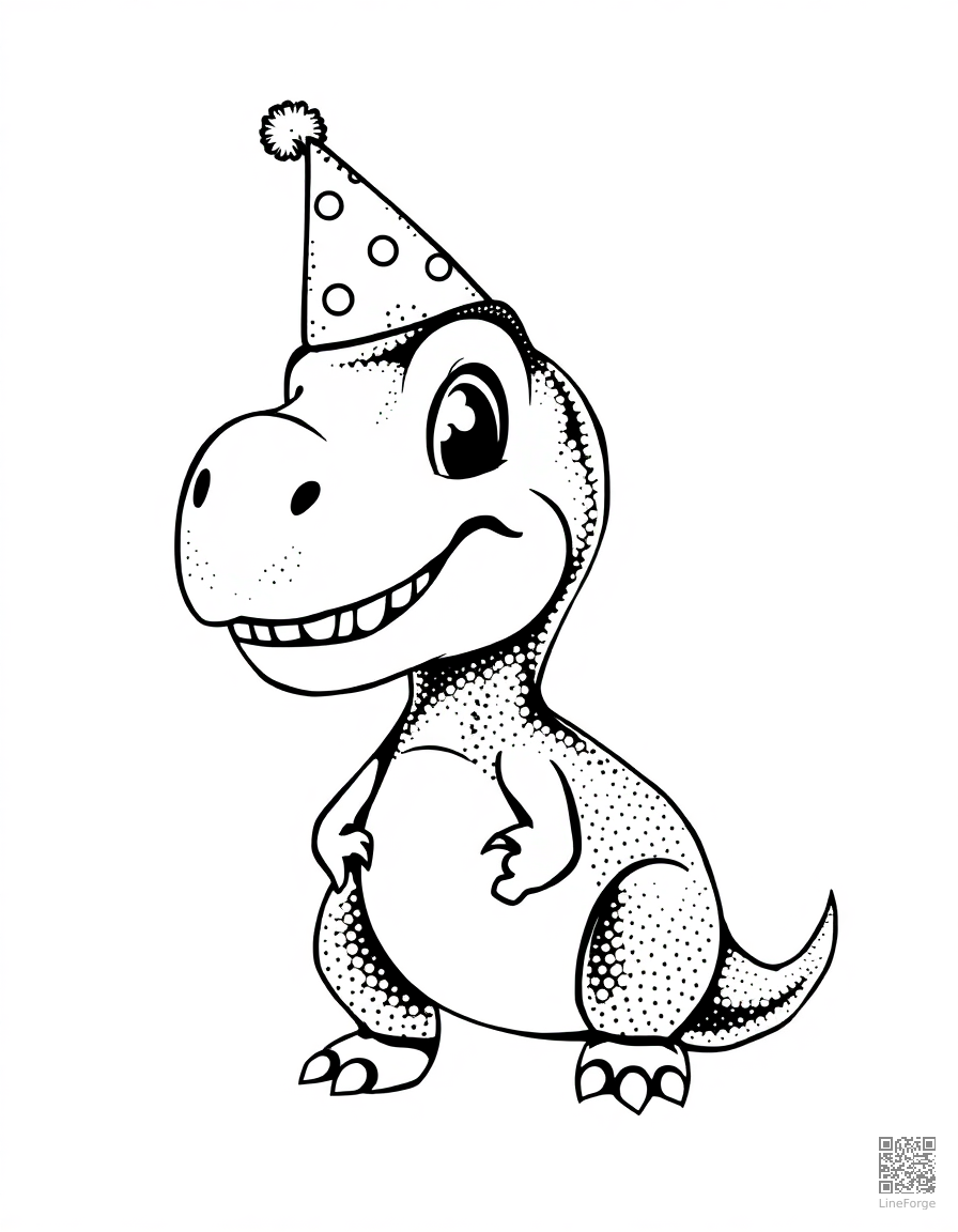 friendly cartoon t-rex wearing a party hat coloring page Stipple style - free printable