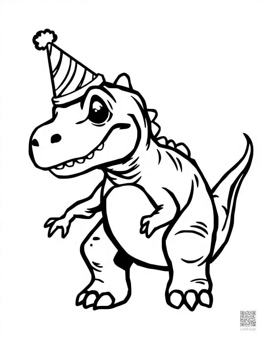 friendly cartoon t-rex wearing a party hat coloring page Woodcut style - free printable