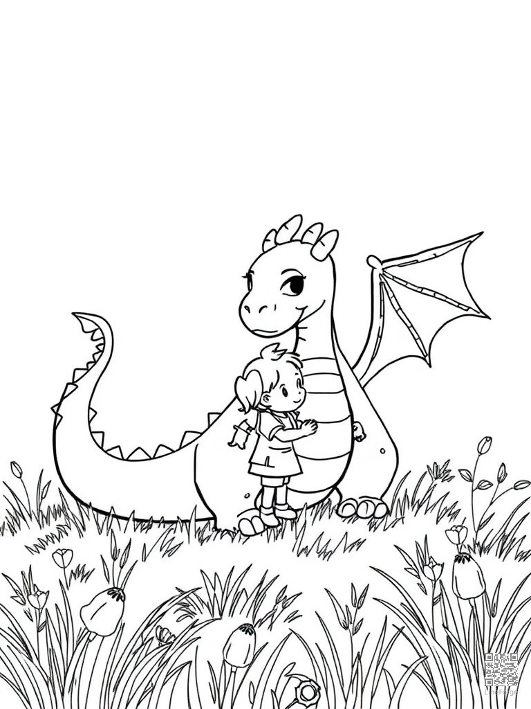 Free friendly dragon playing with a child in meadow coloring page in contour style — printable line art