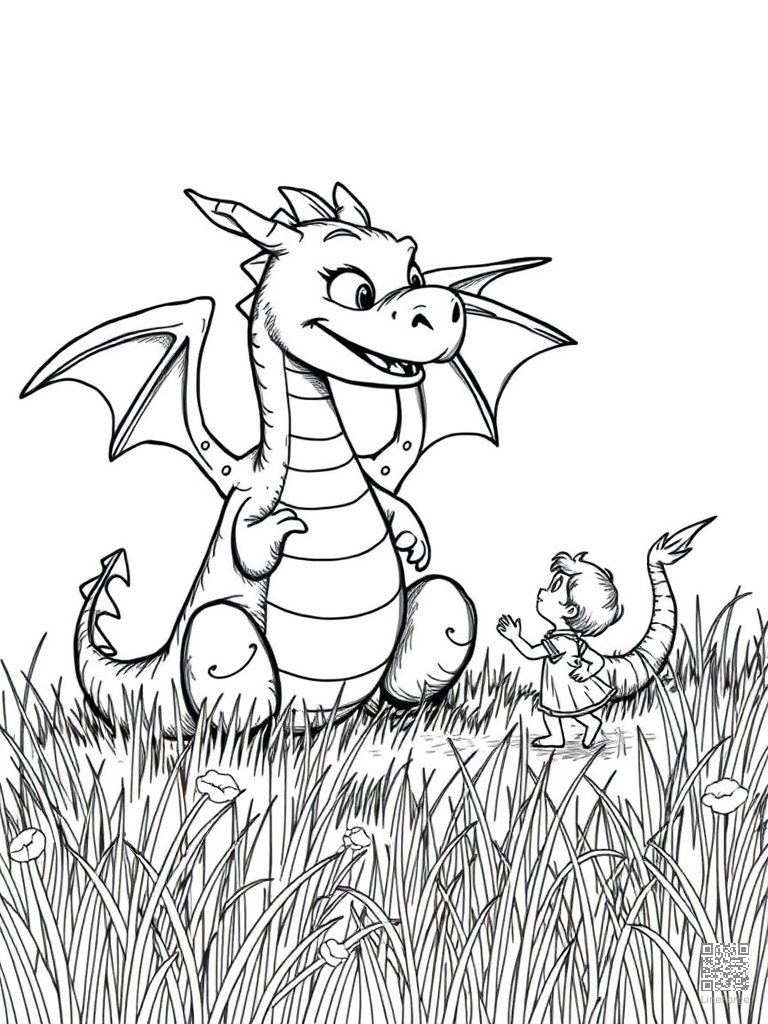 Free friendly dragon playing with a child in meadow coloring page in crosshatch style — printable line art