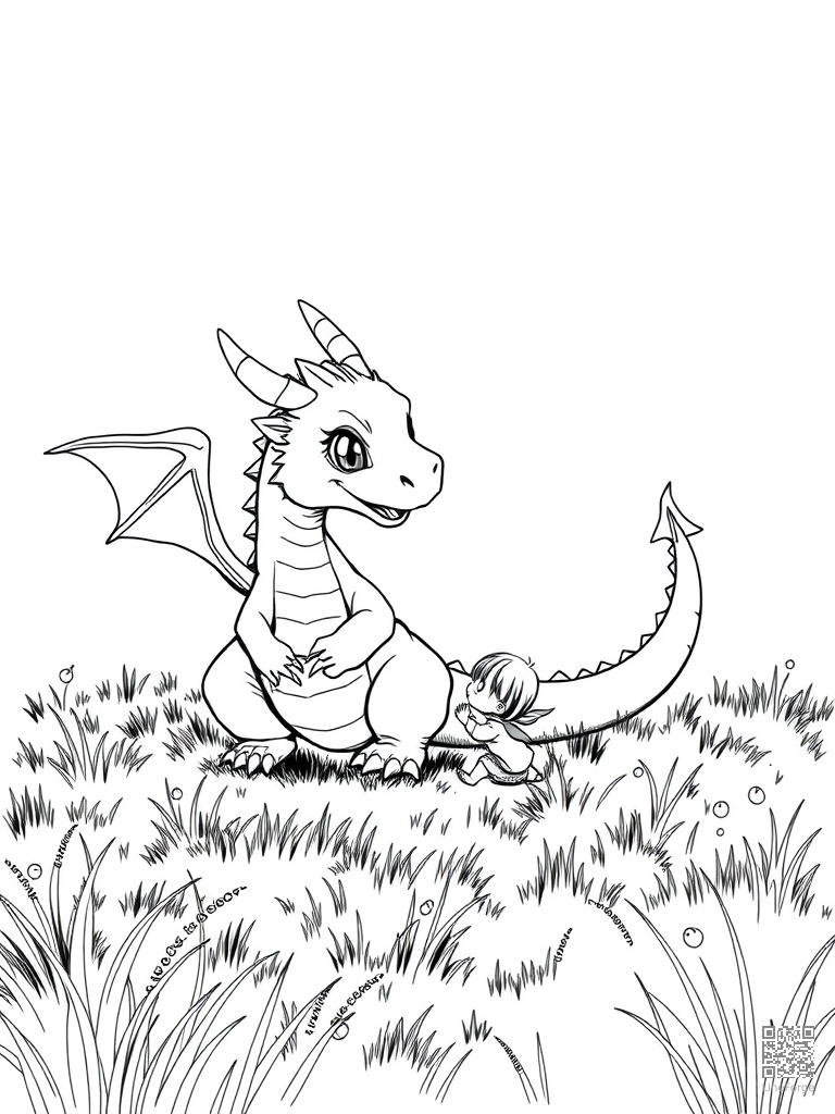 Free friendly dragon playing with a child in meadow coloring page in manga style — printable line art