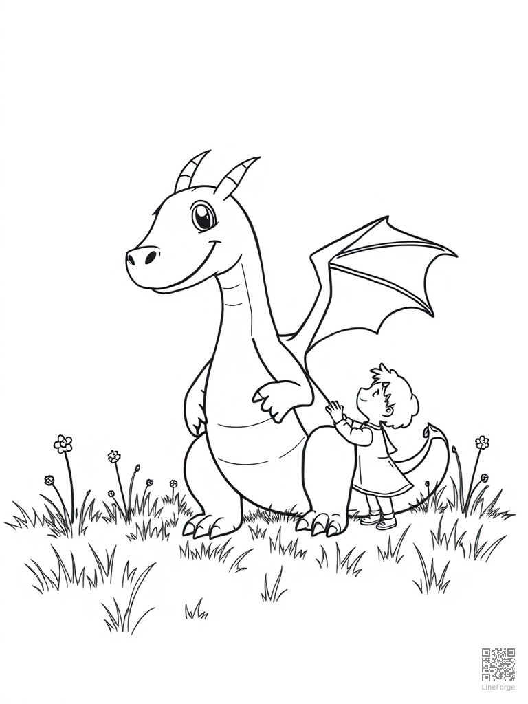 Free friendly dragon playing with a child in meadow coloring page in minimal style — printable line art