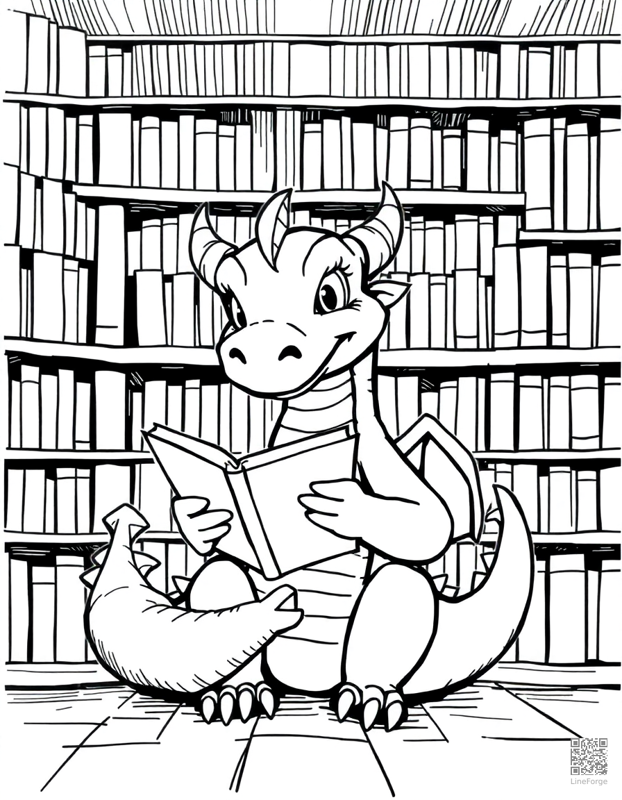 Free friendly dragon reading a book in a library coloring page in crosshatch style — printable line art