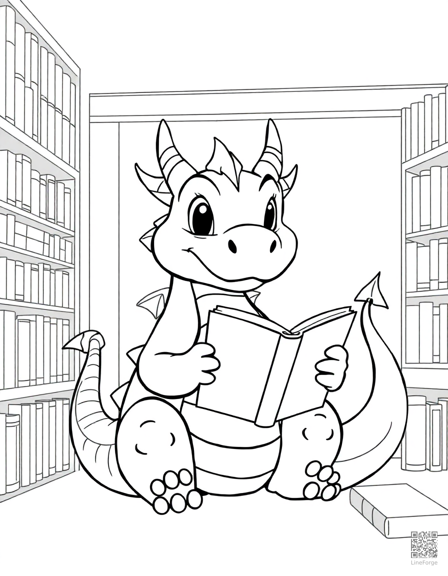 Free friendly dragon reading a book in a library coloring page in manga style — printable line art