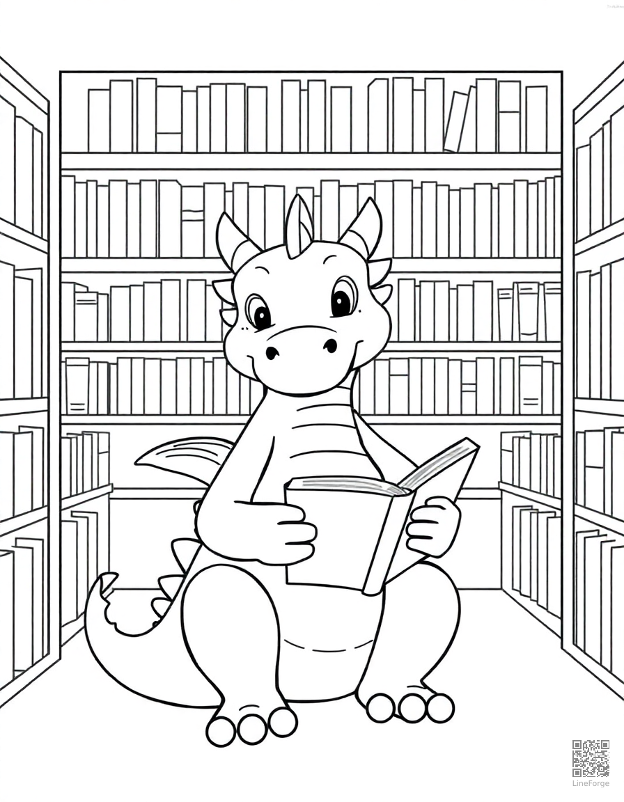 Free friendly dragon reading a book in a library coloring page in minimal style — printable line art