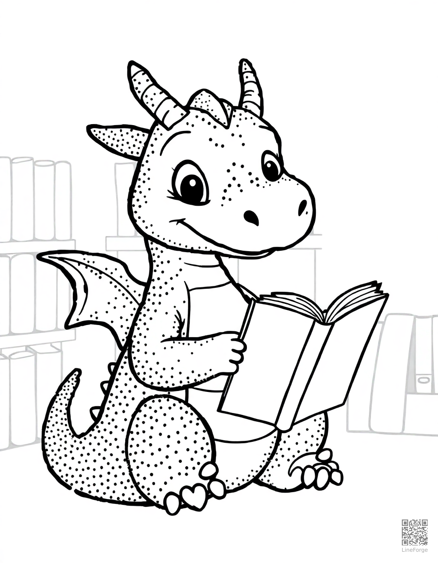Free friendly dragon reading a book in a library coloring page in stipple style — printable line art