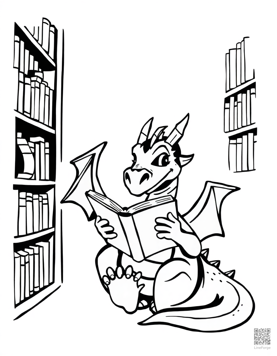Free friendly dragon reading a book in a library coloring page in woodcut style — printable line art